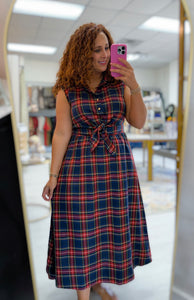 Navy Plaid Midi Dress