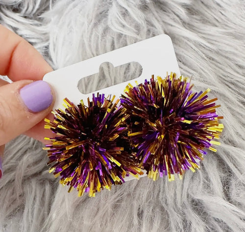 Purple & Gold Tinsel Pom Earrings