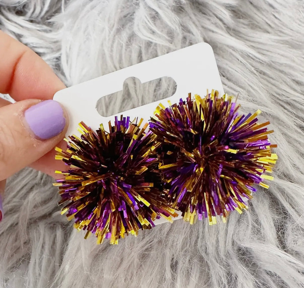 Purple & Gold Tinsel Pom Earrings
