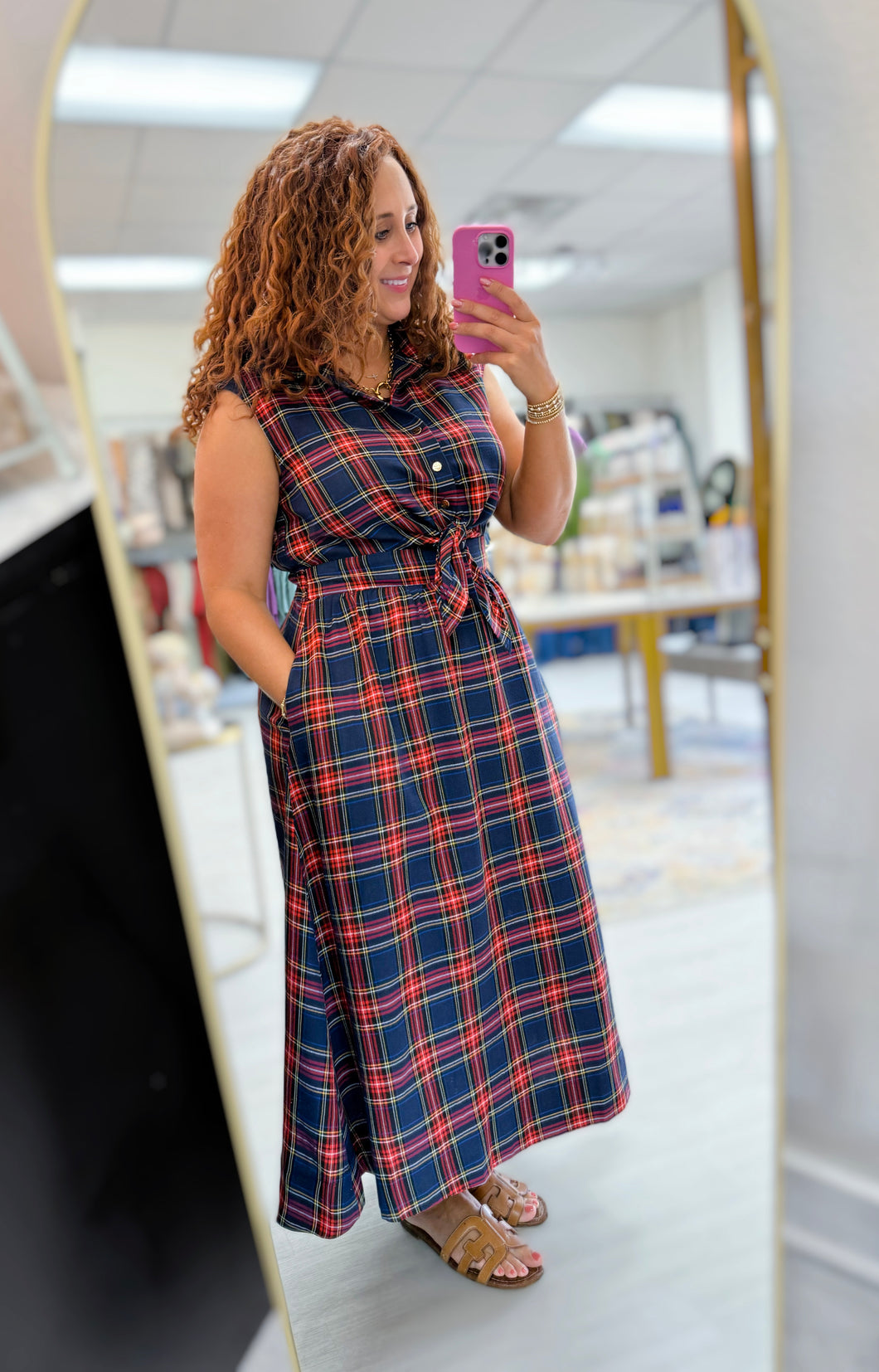 Navy Plaid Midi Dress